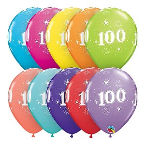 Balão de Festa Látex Liso Decorado - Número 100 Sortido - 11" 27cm - 6 unidades - Qualatex Outlet - Rizzo