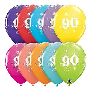 Balão de Festa Látex Liso Decorado - Número 90 Sortido - 11" 27cm - 6 unidades - Qualatex Outlet - Rizzo