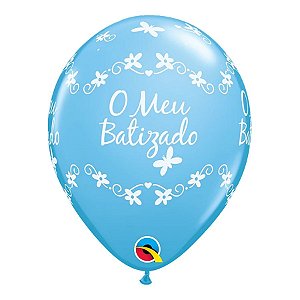 Balão de Festa Látex Liso Decorado - O Meu Batizado! Borboleta Azul - 11" 27cm - 6 unidades - Qualatex Outlet - Rizzo