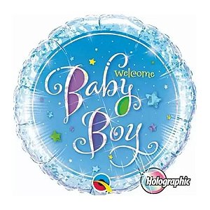 Balão de Festa Microfoil 9" 22cm - Redondo Welcome Baby Boy! Estrelas - 1 unidade - Qualatex Outlet - Rizzo