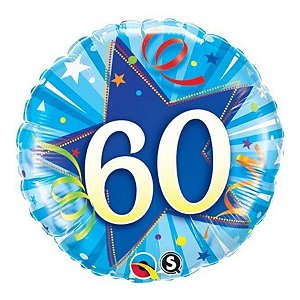 Balão de Festa Microfoil 18" 45cm - Redondo Número 60 Estrela Azul - 1 unidade - Qualatex Outlet - Rizzo