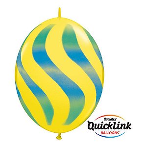 Balão de Festa Látex Liso Q-Link - Amarelo Listras Onduladas Azuis - 12" 30cm - 50 unidades - Qualatex Outlet - Rizzo
