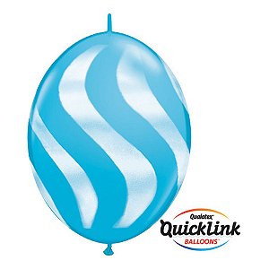 Balão de Festa Látex Liso Q-Link - Azul Listras Onduladas Brancas - 12" 30cm - 50 unidades - Qualatex Outlet - Rizzo