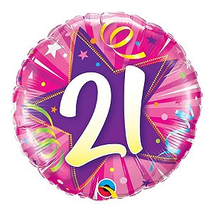 Balão de Festa Microfoil 18" 45cm - Redondo Número 21 Estrela Roxo - 1 unidade - Qualatex Outlet - Rizzo