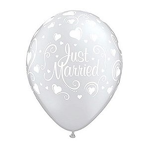 Balão de Festa Látex Liso Decorado - Just Married! Transparente - 11" 27cm - 50 unidades - Qualatex Outlet - Rizzo
