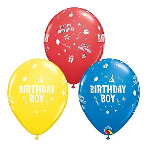 Balão de Festa Látex Liso Decorado - Happy Birthday Boy! Sortido - 11" 27cm - 6 unidades - Qualatex Outlet - Rizzo