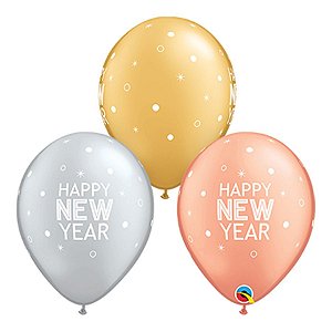 Balão de Festa Látex Liso Decorado - Happy New Year! Ponto Sortido - 11" 27cm - 50 unidades - Qualatex Outlet - Rizzo