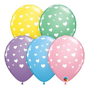 Balão de Festa Látex Liso Decorado - Corações Pastel Sortidos - 11" 27cm - 50 unidades - Qualatex Outlet - Rizzo