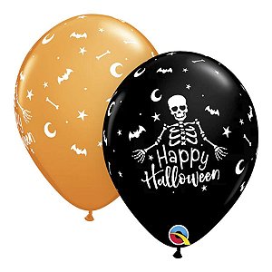 Balão de Festa Látex Liso Decorado - Happy Halloween! Laranja/Preto - 11" 27cm - 50 unidades - Qualatex Outlet - Rizzo