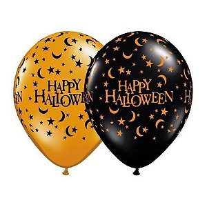 Balão de Festa Látex Liso Decorado - Happy Halloween! Laranja/Preto - 11" 27cm - 50 unidades - Qualatex Outlet - Rizzo