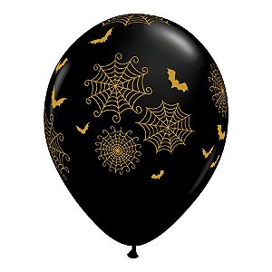 Balão de Festa Látex Liso Decorado - Teias de Aranha e Morcego Preto - 11" 27cm - 50 unidades - Qualatex Outlet - Rizzo