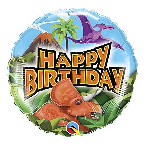 Balão de Festa Microfoil 9" 22cm - Redondo Happy Birthday! Dinossauros - 1 unidade - Qualatex Outlet - Rizzo