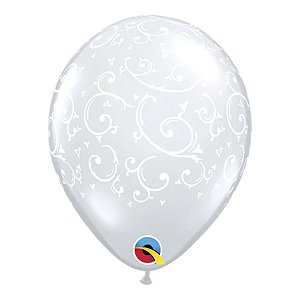 Balão de Festa Látex Liso Decorado - Filigrana e Coração Transparente - 5" 12cm - 100 unidades - Qualatex Outlet - Rizzo