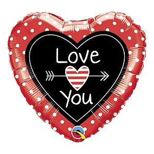 Balão de Festa Microfoil 9" 22cm - Coração Love You! Pontos e Flecha - 1 unidade - Qualatex Outlet - Rizzo