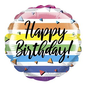 Balão de Festa Microfoil 4" 10cm - Redondo Happy Birthday! Listras Elegante - 1 unidade - Qualatex Outlet - Rizzo