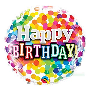 Balão de Festa Microfoil 4" 10cm - Redondo Happy Birthday! Confetes - 1 unidade - Qualatex Outlet - Rizzo