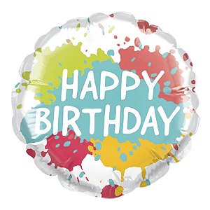 Balão de Festa Microfoil 4" 10cm - Redondo Happy Birthday! Bolas de Tintas - 1 unidade - Qualatex Outlet - Rizzo
