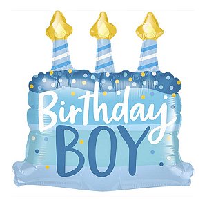 Balão de Festa Microfoil 14" 35cm - Bolo Birthday Boy Azul - 1 unidade - Qualatex Outlet - Rizzo