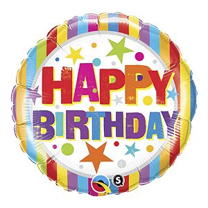 Balão de Festa Microfoil 9" 22cm - Redondo Happy Birthday! Listras e Estrelas - 1 unidade - Qualatex Outlet - Rizzo
