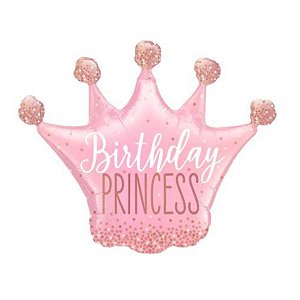 Balão de Festa Microfoil 14" 35cm - Coroa Birthday Princess! Rosa - 1 unidade - Qualatex Outlet - Rizzo