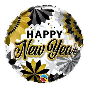 Balão de Festa Microfoil 18" 45cm - Redondo Happy New Year! Fãs Preto e Ouro - 1 unidade - Qualatex Outlet - Rizzo