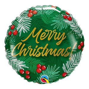 Balão de Festa Microfoil 18" 45cm - Redondo Merry Christmas! Verde e Bagas - 1 unidade - Qualatex Outlet - Rizzo