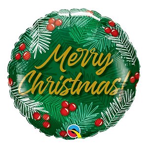 Balão de Festa Microfoil 9" 22cm - Redondo Merry Christmas! Verde e Bagas - 1 unidade - Qualatex Outlet - Rizzo