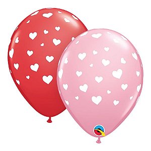 Balão de Festa Látex Liso Decorado - Corações Aleatórios Rosa/Verm. - 11" 27cm - 50 unidades - Qualatex Outlet - Rizzo