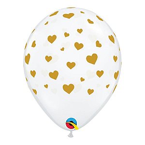 Balão de Festa Látex Liso Decorado - Corações Aleatórios Transparente - 11" 27cm - 50 unidades - Qualatex Outlet - Rizzo