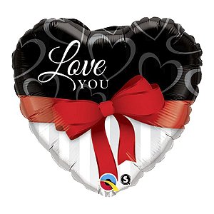 Balão de Festa Microfoil 9" 22cm - Coração Love You! Fita Vermelha - 1 unidade - Qualatex Outlet - Rizzo