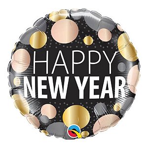 Balão de Festa Microfoil 18" 45cm - Redondo Happy New Year! Pontos Metálico - 1 unidade - Qualatex Outlet - Rizzo