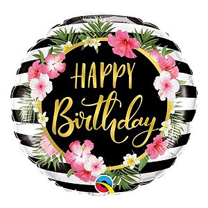 Balão de Festa Microfoil 18" 45cm - Redondo Happy Birthday! Listras e Hibiscos - 1 unidade - Qualatex Outlet - Rizzo