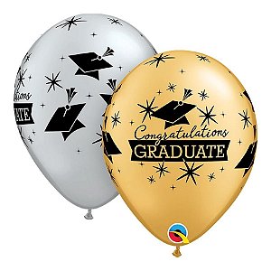 Balão de Festa Látex Liso Decorado - Congrats Graduate Prata/Ouro - 11" 27cm - 50 unidades - Qualatex Outlet - Rizzo