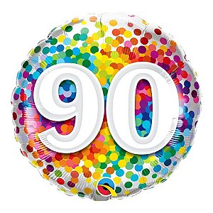 Balão de Festa Microfoil 18" 45cm - Redondo Número 90 Confete Arco-Íris - 1 unidade - Qualatex Outlet - Rizzo