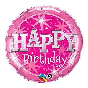 Balão de Festa Microfoil 36" 91cm - Redondo Happy Birthday! Rosa - 1 unidade - Qualatex Outlet - Rizzo