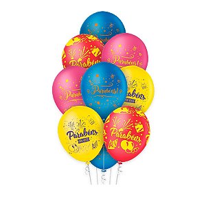 Balão de Festa Decorado Parabéns 12" 30cm - 10 unidades - Regina - Rizzo