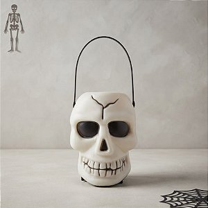 Baldinho de Halloween com Alça - Caveira com Som e Luz - Branco - 1 unidade - Rizzo