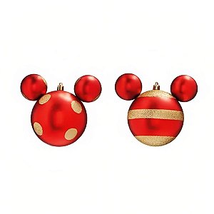 Bola de Natal - Mickey Listras e Poá com Glitter - Vermelho/Ouro - 10cm - 2 unidades - Cromus - Rizzo