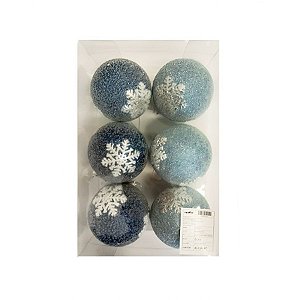 Bolas de Natal Glitter Floco de Neve - Azul/Azul Claro/Prata - 8cm - 6 unidades - Cromus - Rizzo