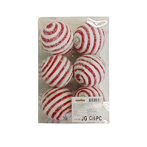Bolas de Natal Listrada - Vermelho/Branco - 8cm - 6 unidades - Cromus - Rizzo