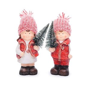 Enfeite Decorativo de Resina Crianças Segurando Árvore LED - 22cm - 1 unidade - Cromus - Rizzo