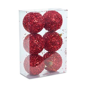 Bolas de Natal com Glitter - Vermelho - 8cm - 6 unidades - Cromus - Rizzo