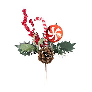 Galho Decorativo de Natal - Vermelho/Branco - 23cm - 1 unidade - Rizzo