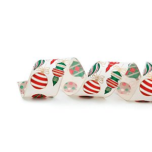 Fita Decorativa Aramada de Natal - Vermelho/Verde/Branco - 6,3cm x 9,14m - 1 unidade - Cromus - Rizzo