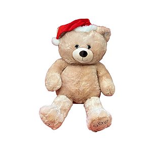 Urso de pelucia com gorro de Natal - Bege, Vermelho, Branco - 60cm  - 1 unidade - Cromus  - Rizzo