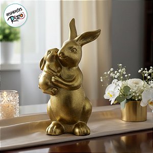 Coelho com Filhote no Colo Decorativo Dourado - 1 unidade - Cromus - Rizzo