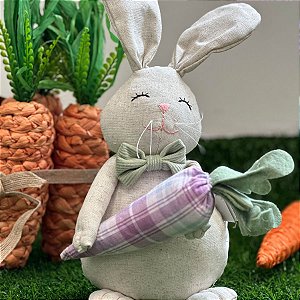 Coelho Decorativo com Cenoura Xadrez - Branco/Lavanda - 30x20cm - 1 unidade - Cromus - Rizzo