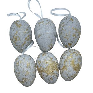 Ovos de Páscoa Cinza com Respingos Dourados para Pendurar - 5,5cm - 6 unidades - Rizzo