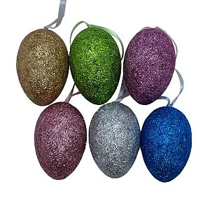 Ovinhos de Páscoa Coloridos com Glitter para Pendurar - 6cm - 6 unidades - Rizzo