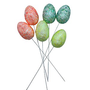Pick Decorativo Ovos com Glitter Laranja, Verde e Amarelo de Páscoa - 21cm  - 6 unidades - Rizzo
